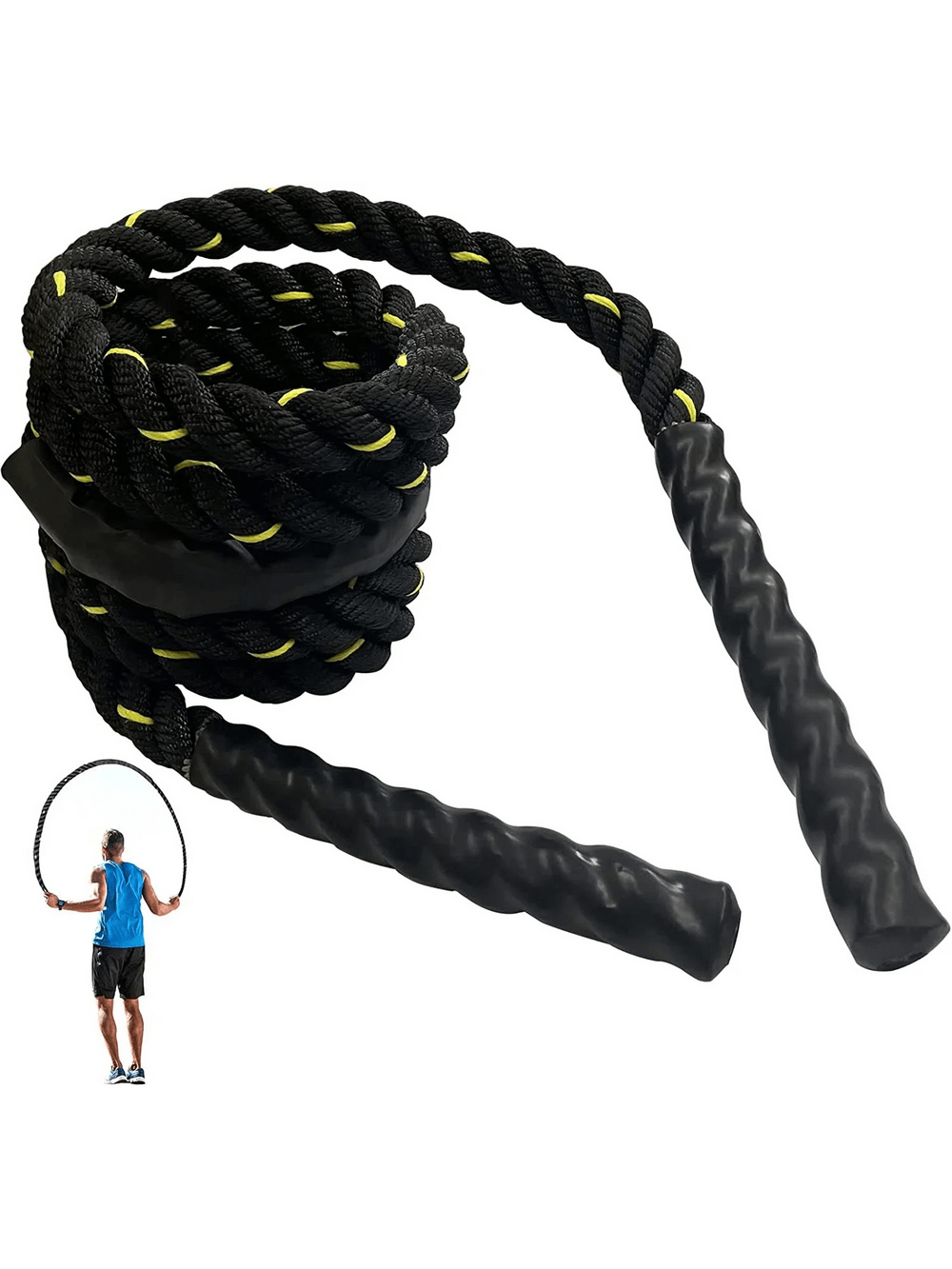Heavy Duty Battle Jump Rope SF3288, Black & Yellow, 9.84ft, 1in Diameter, Weighted Exercise Rope with Rubber Handles for Cardio and Strength.
